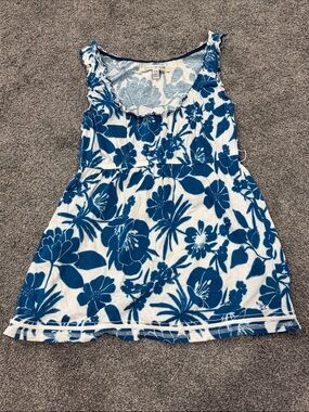 American Eagle Outfitters White Tank with Navy Trim and Blue Floral Design